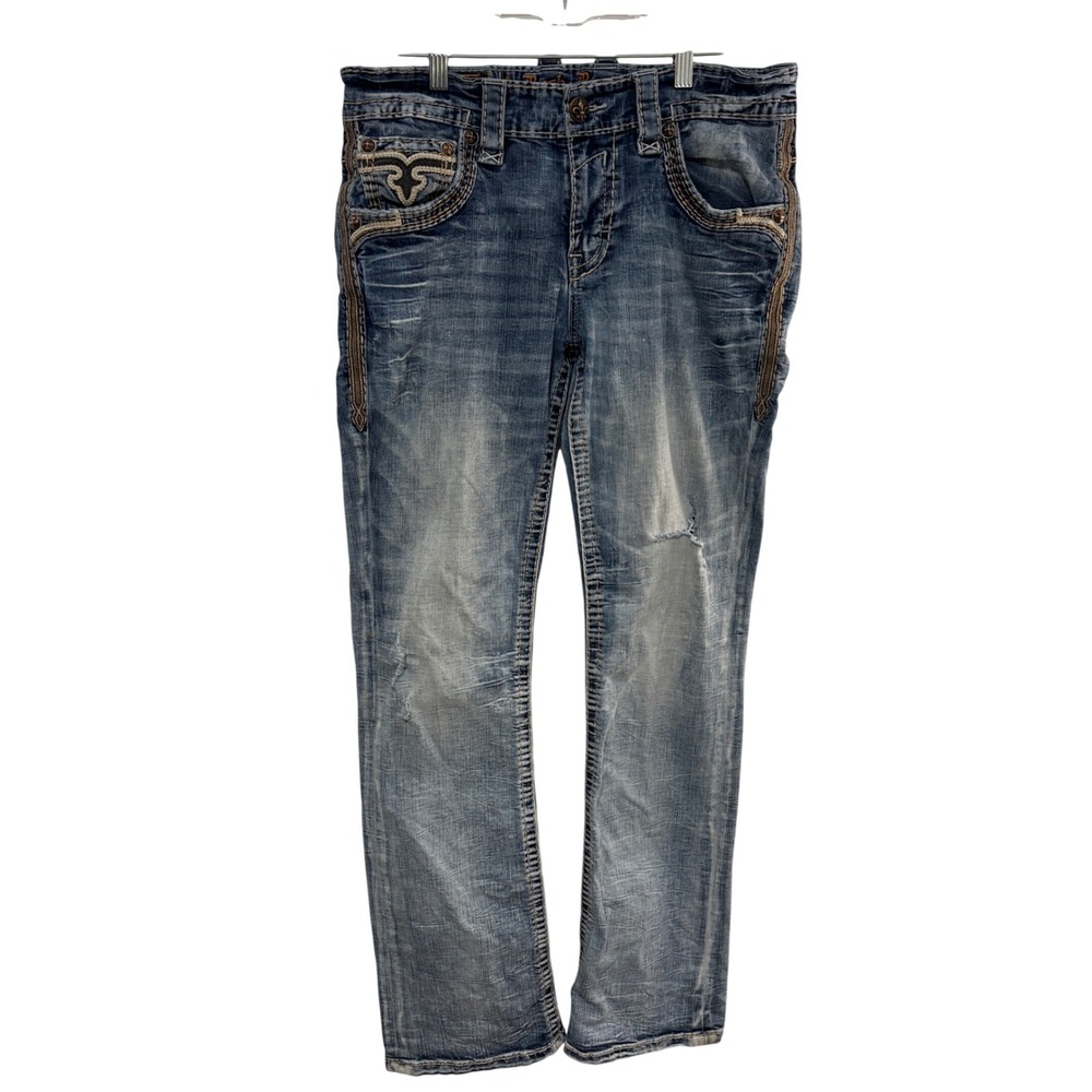 Rock Revival Biscay Bay Slim Boot Blue Jeans Men 33x31 Distressed Y2K Grunge